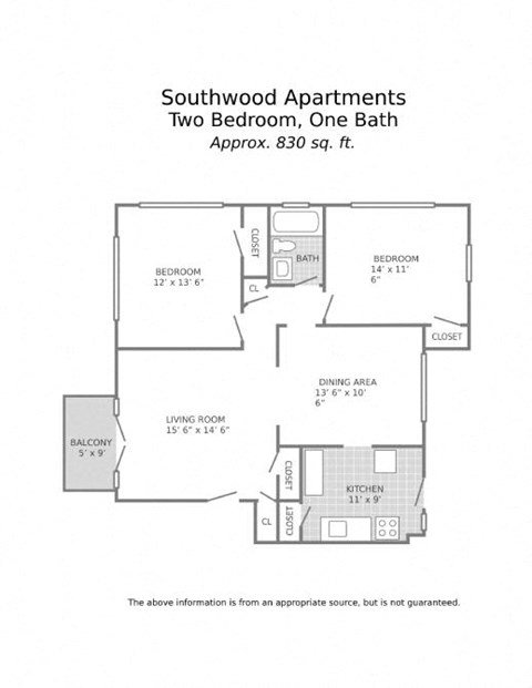 a floor plan of two bedrooms and one bath